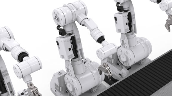 3D-Rendering Robotergreifer an einem Förderband